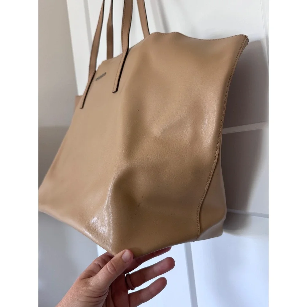 Michael Kors Large Tan Leather Tote Bag Shoulder Carryall Beige Silver Logo